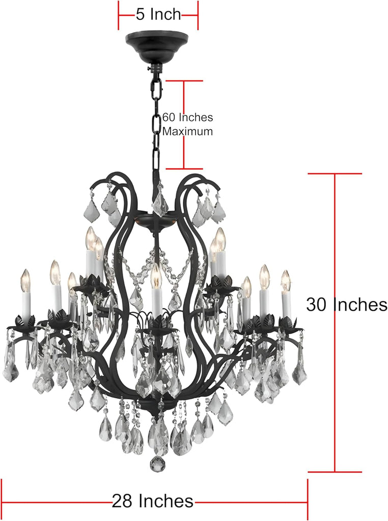 Modern Black Crystal Chandelier Large Wrought Iron Dining Room Light Fixture Elegant Modern Chandelier for High Ceiling Chandelier, Farmhouse Decor, Living Room & More 12 Lights