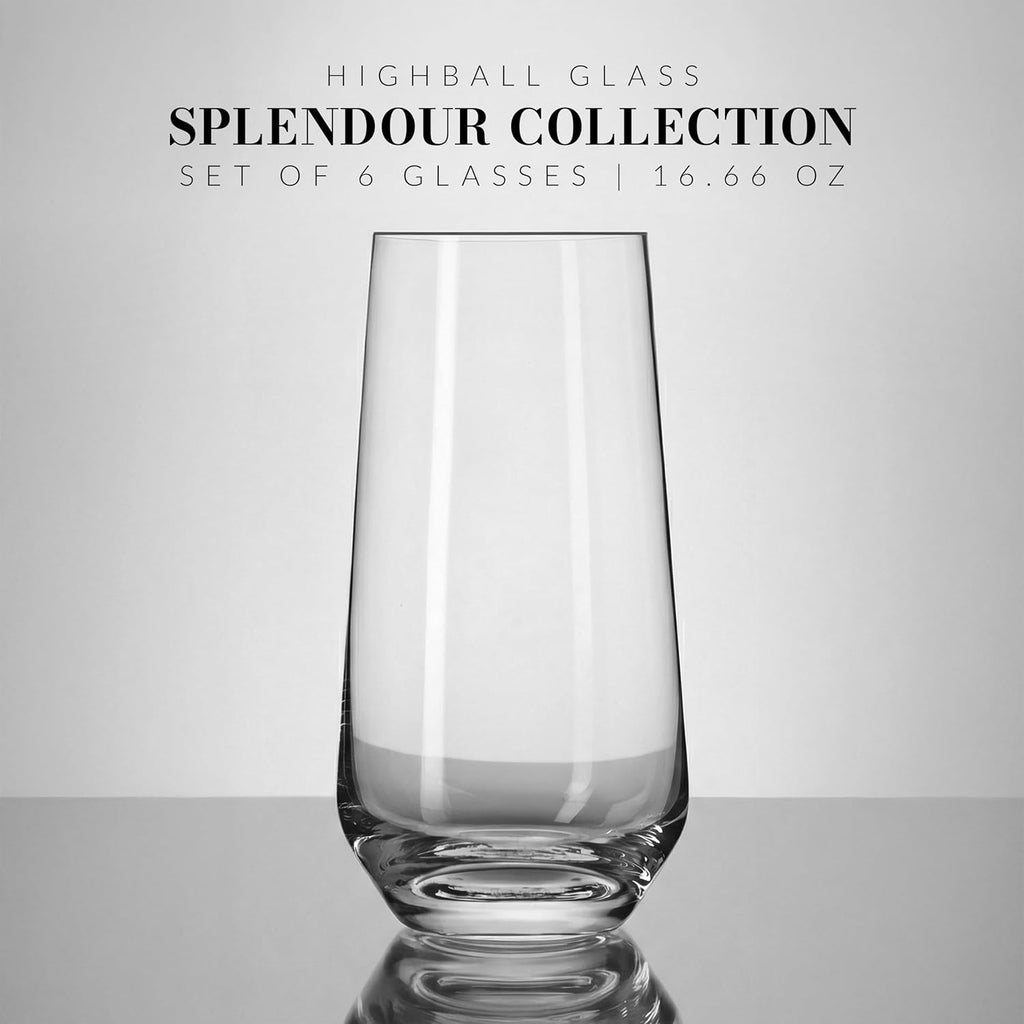 Tall Water, Juice, Drinking Glasses, Set of 6, 16.2 oz, Splendour Collection, Highball & Tumbler Crystal Glass