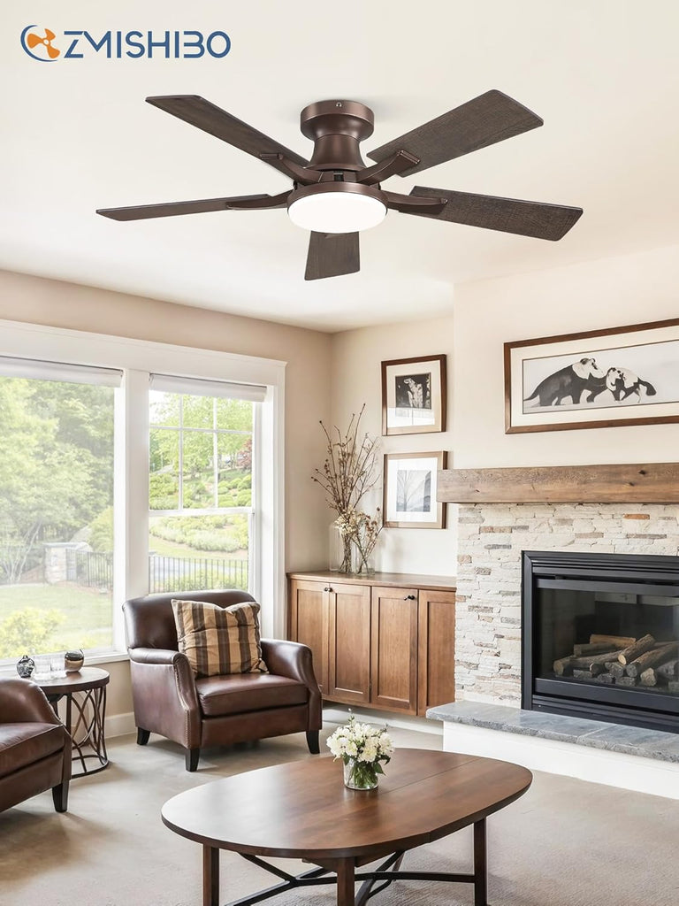 42 Inch Ceiling Fan with Light, App&Remote Control, Flush Mount Low Profile, Dimmable 20W LED Light, Quiet Reversible Motor for Bedroom, Living Room, Apartment, Brown