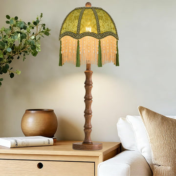 Vintage Table Lamps Dimmable Retro Bedside Nightstand Lamps With Victorian Fringe, Small Wood Tall Desk Table Light