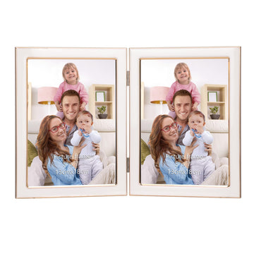 5x7 Double Picture Frame, Tempered Glass, White Enamel