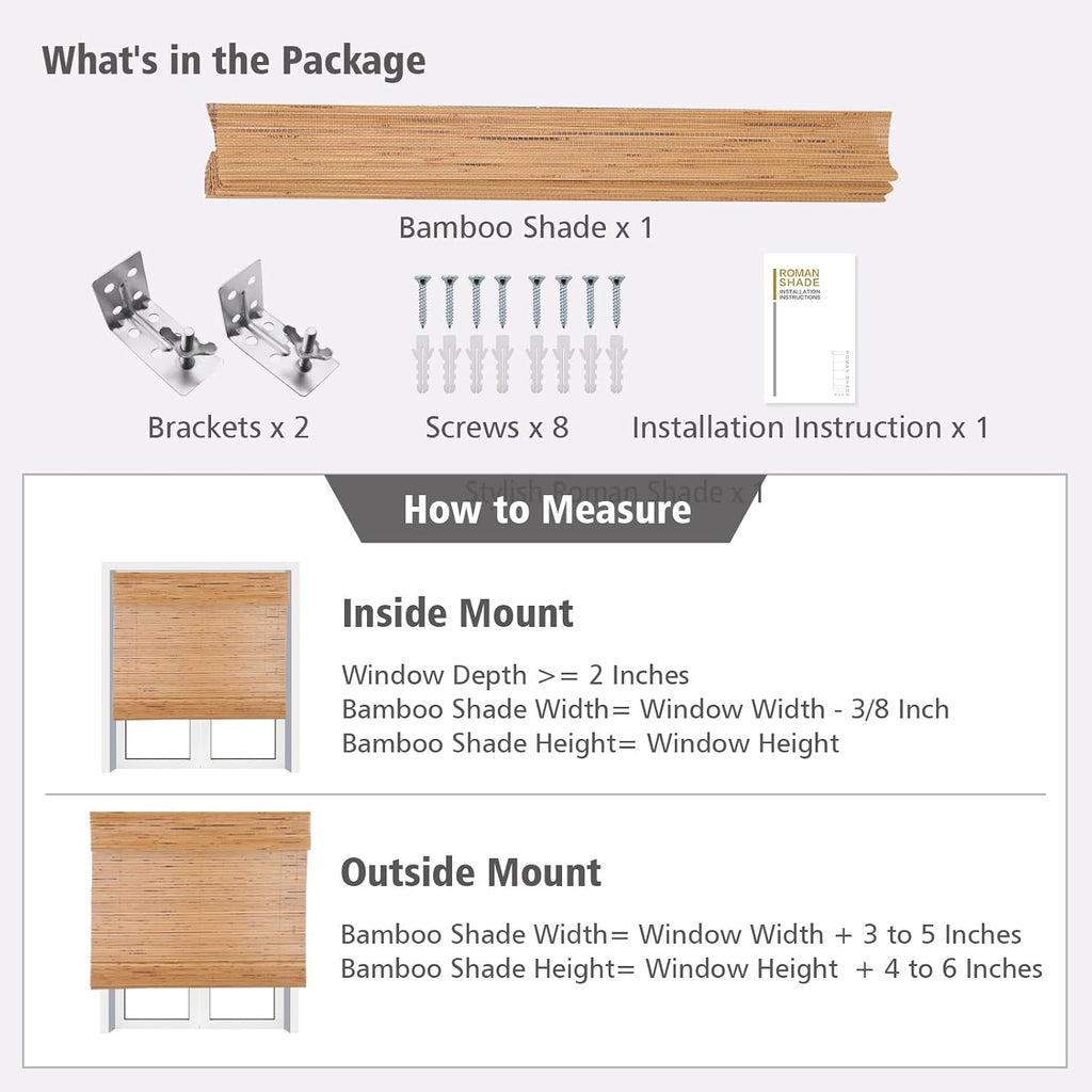 Roman Shades, Exclusive Cordless Natural Woven Wood Bamboo Roman Shades, Custom Blackout Bamboo Window Shades for Indoor Windows
