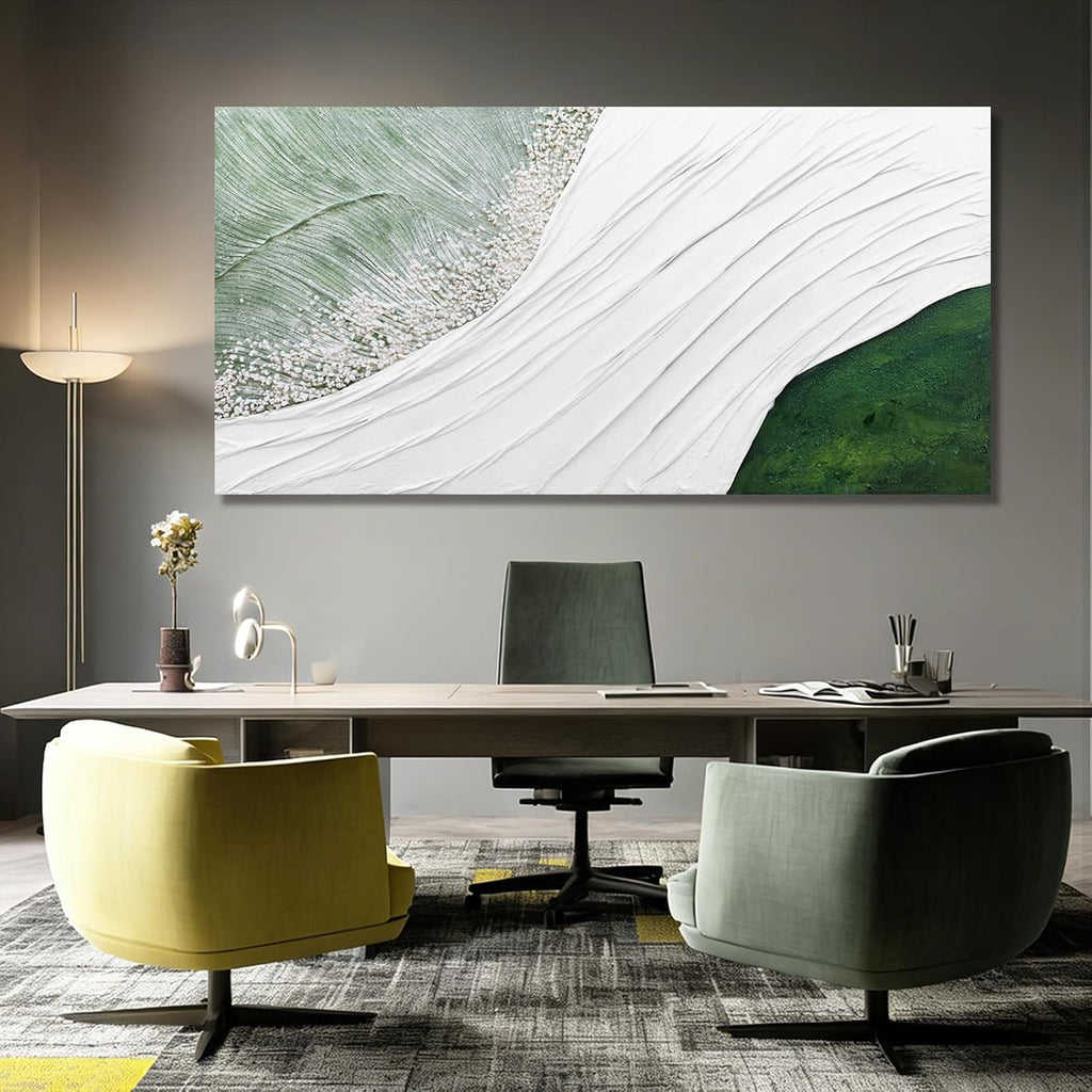 Contemporary Abstract Nature-Inspired Canvas Wall Art with White Flowing Lines and Green Accents, Minimalist Textured