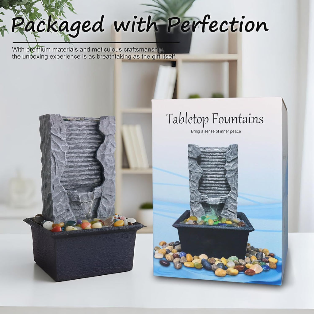 Tabletop Water Fountain Indoor, Resin Waterfall Fountain for Stress Relief and Meditation, Calming Office Desk Home