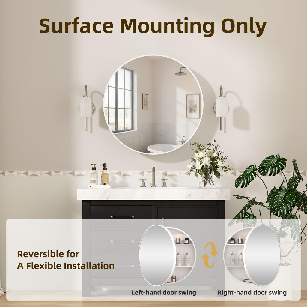 30 x 30 Inch Round White Mirror Medicine Cabinet Surface Mounted, Circular Modern Bathroom Medicine Cabinet with