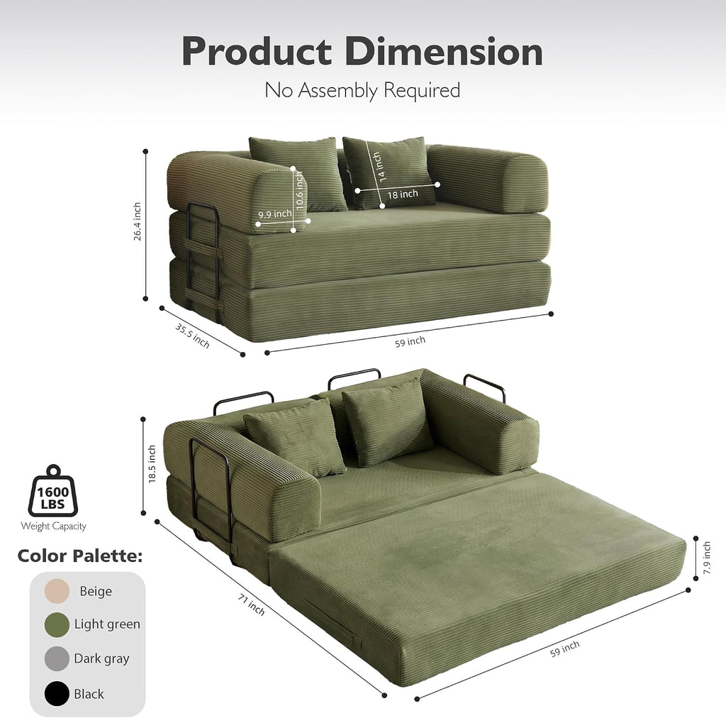 59in Boneless Couch Convertible Futon Sofa Bed Queen for Small Space | Corduroy Boneless Sleeper Sofa, Pull Out