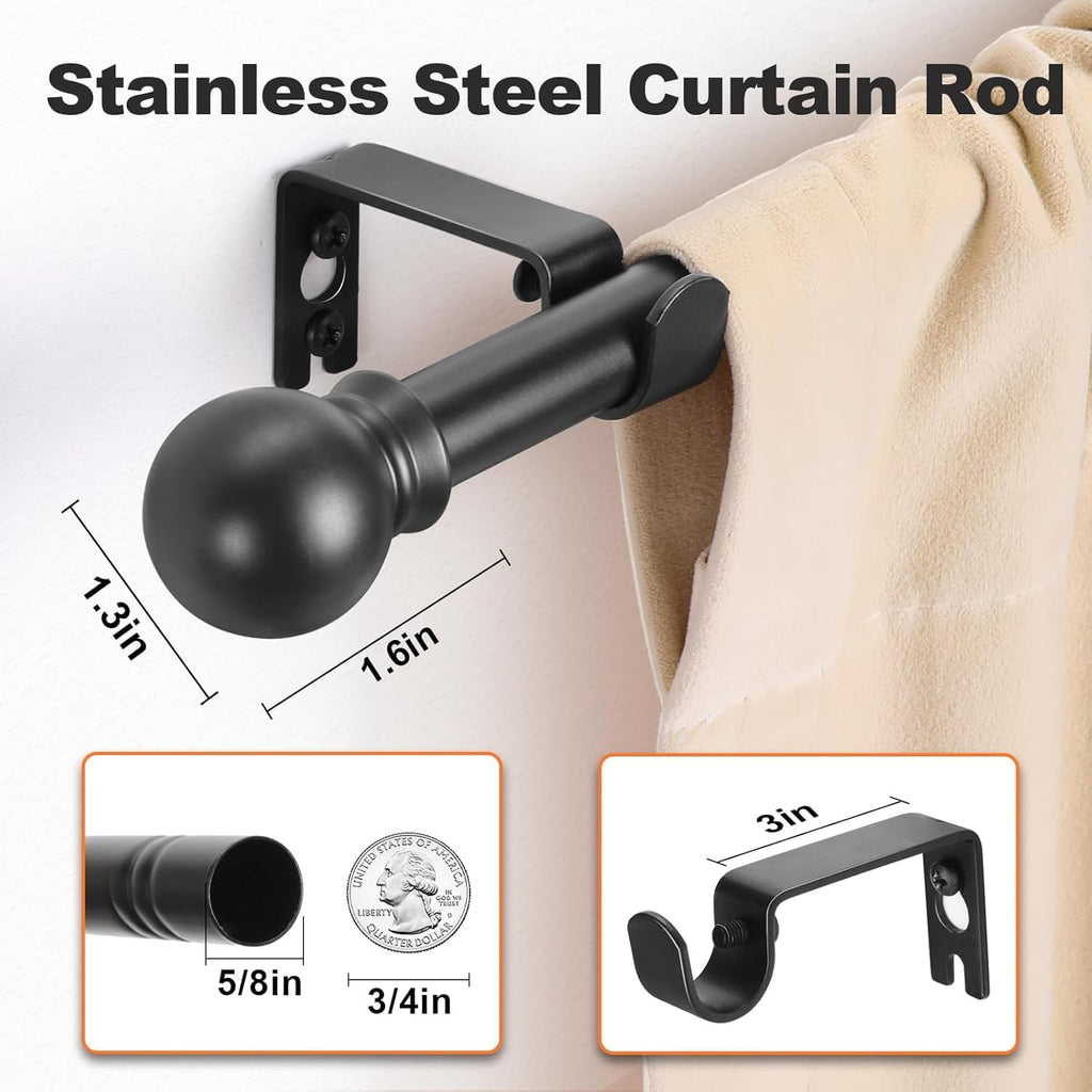 Black Curtain Rods 2 Packs for Windows 36"- 92", Decorative Drapery Rod Adjustable 5/8 inch Small Curtain Rod and - Set of 2