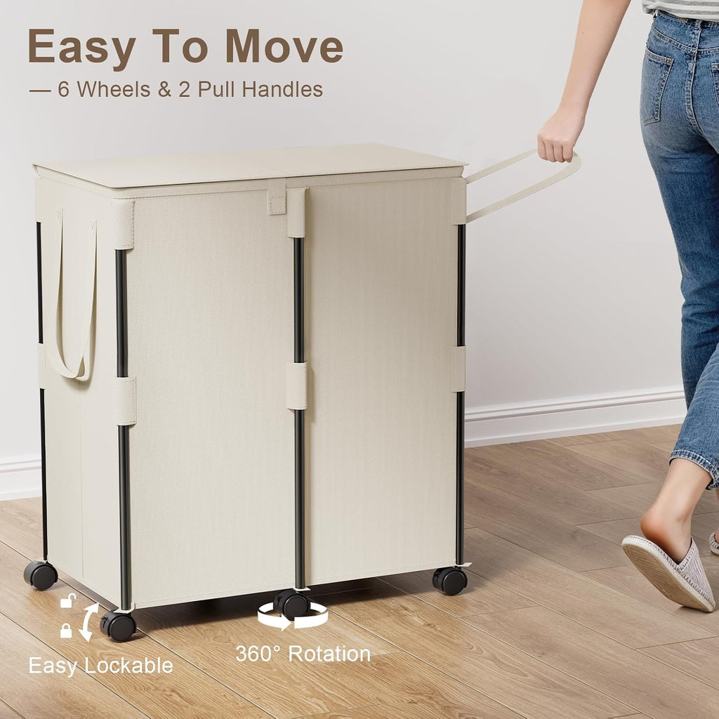 140L Double Laundry Hamper with Lid and 6 Wheels, Rolling Laundry Basket | Metal Frame Laundry Sorter 2 Section with