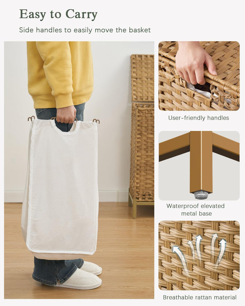 Laundry Hamper with Lid, 112 L Handwoven Rattan Wicker Laundry Basket, 2 Removable Liner Bags Metal Heightened Feet