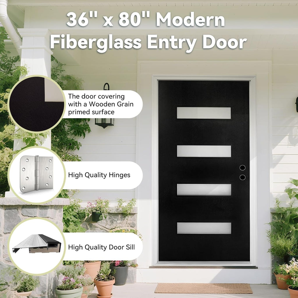 Fiberglass Exterior Door 36" x 80" with Frosted Glass and Brickmould, Left-Hand Inswing Front Door, Black Finish