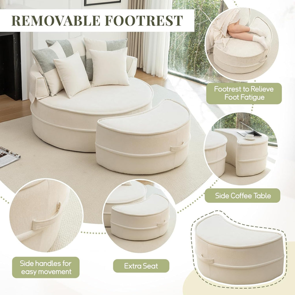 Modern Chaise Lounge Chair and Ottoman — Beige Velvet