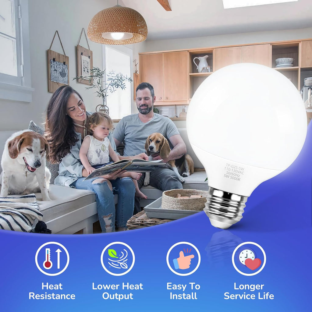 G25 LED Globe Light Bulb 60W Equivalent, Daylight White 5000K E26 Vanity Light Bulbs for Bathroom Makeup Mirror