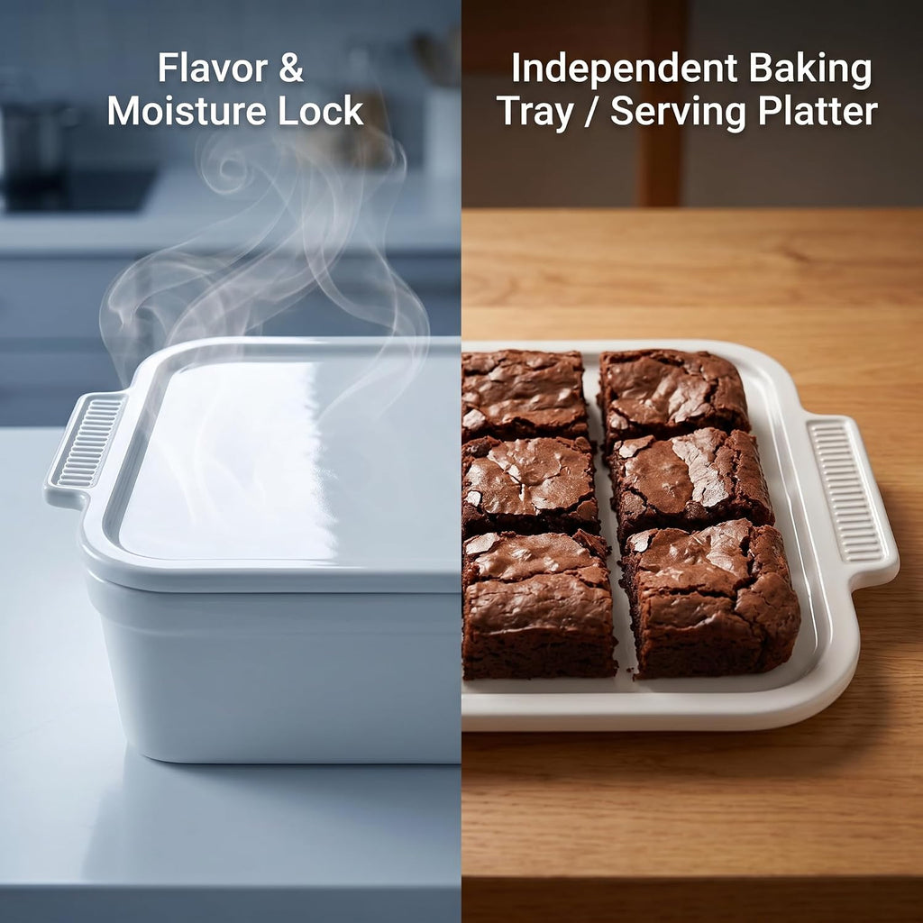 Ceramic Casserole Dish with Lid, 4.8 Qt Large Lasagna Pan Deep, Porcelain Dish for Oven, Rectangular Bakeware Set