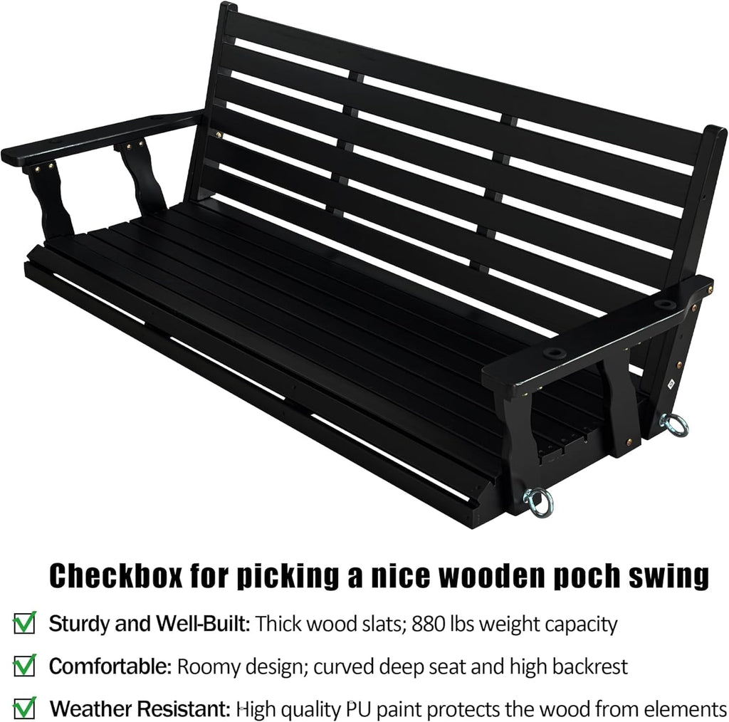 Wooden Porch Swing, Ergonomic Seat, Bench Swing with Hanging Chains and 7mm Springs, Heavy Duty 880 LBS, for Outdoor