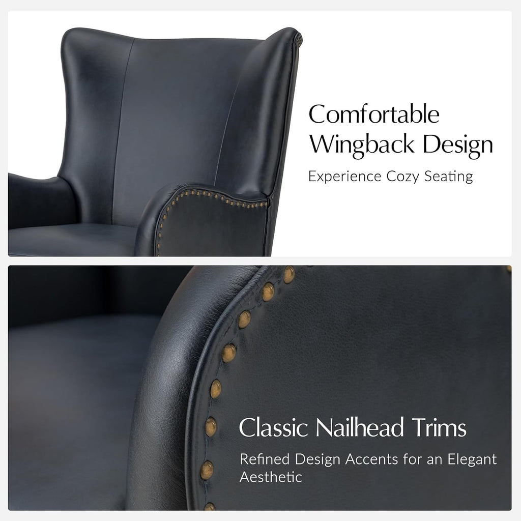 Faux Leather Accent Chair, Navy | Wingback design with removable cushion, nailhead trim, and metal legs , reading