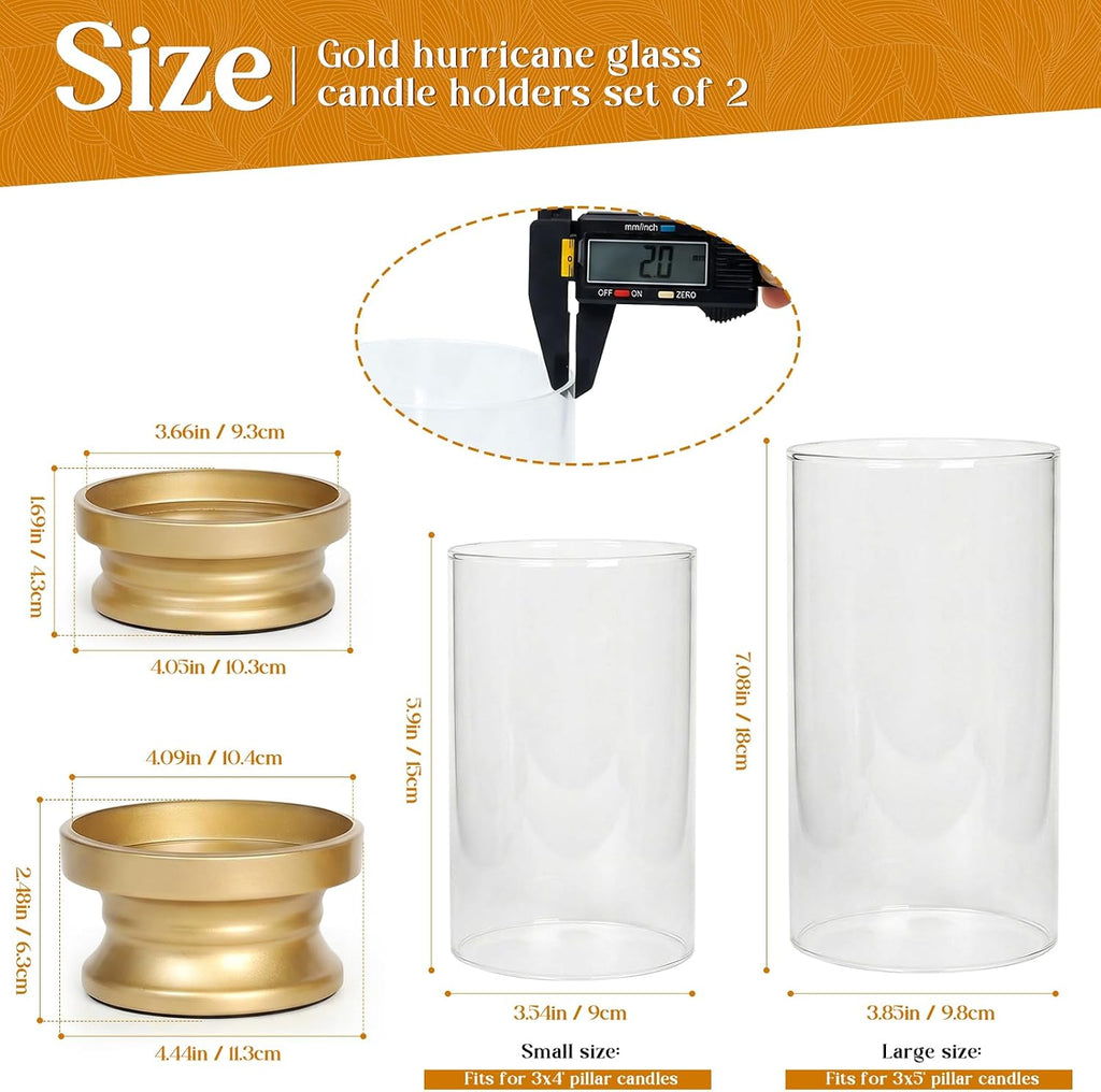 Gold Hurricane Candle Holders Set of 2 with Glass - Modern Pillar Candle Stands for Fireplace Mantel, Dining Table