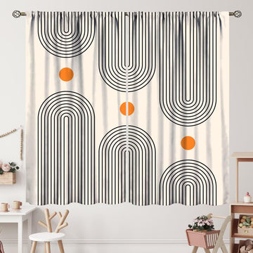 Abstract Mid Century Curtains Modern Sun Minimalistic Curve Print Beige Geometric Art Boho Curtain with Rod Pocket