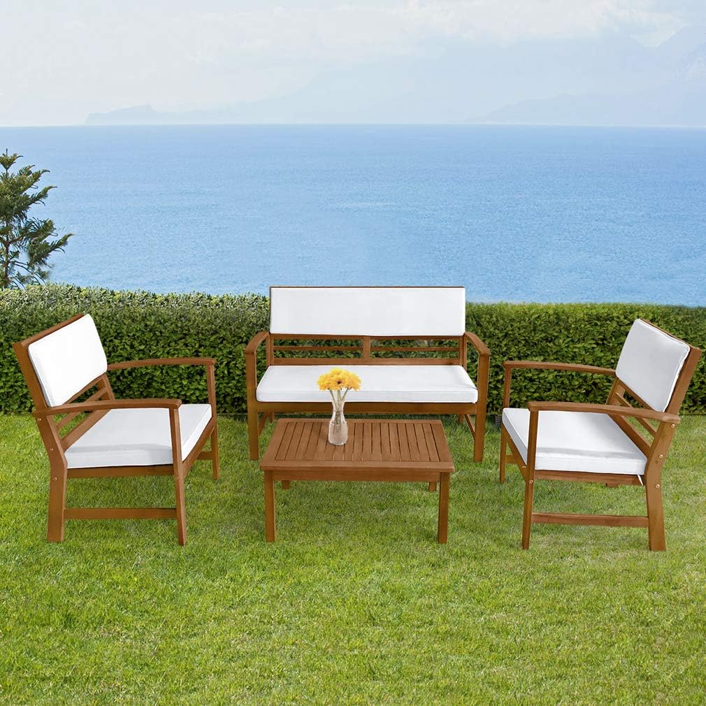 4-Piece Patio Conversation Set Acacia Wood Outdoor Sofa & Chairs with Coffee Table