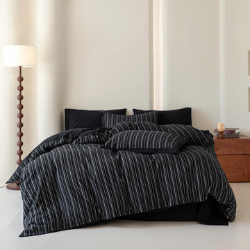 Pinstripe Duvet Cover 100% Washed Cotton 3 Pieces Set 1 Black Vertical Striped Duvet Cover with Zipper Ties 2