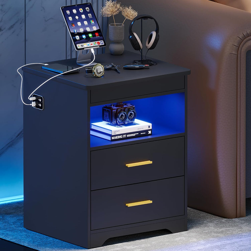 LED Night Stand with Gun Drawer , Charging Bedside Table with USB & Type-C Port, Modern End Table with Human Sensor