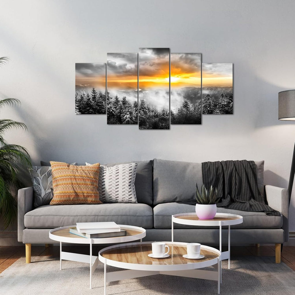 5 Panels Fog Mountain Canvas Wall Art Sunrise Misty Forest Print Picture Paintings Black and White Nature Artwork