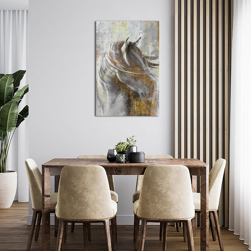 Horse Wall Art Abstract Gold Grey Horse Canvas Paintings Modern Horse Wall Decor Bedroom Office Framed 24"x36"