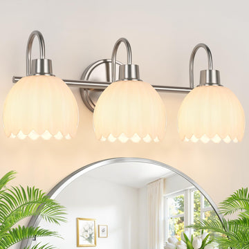 Bathroom Light Fixtures, 3-Light Brushed Nickel Bathroom Vanity Light Over Mirror with White Tulip Glass Shades