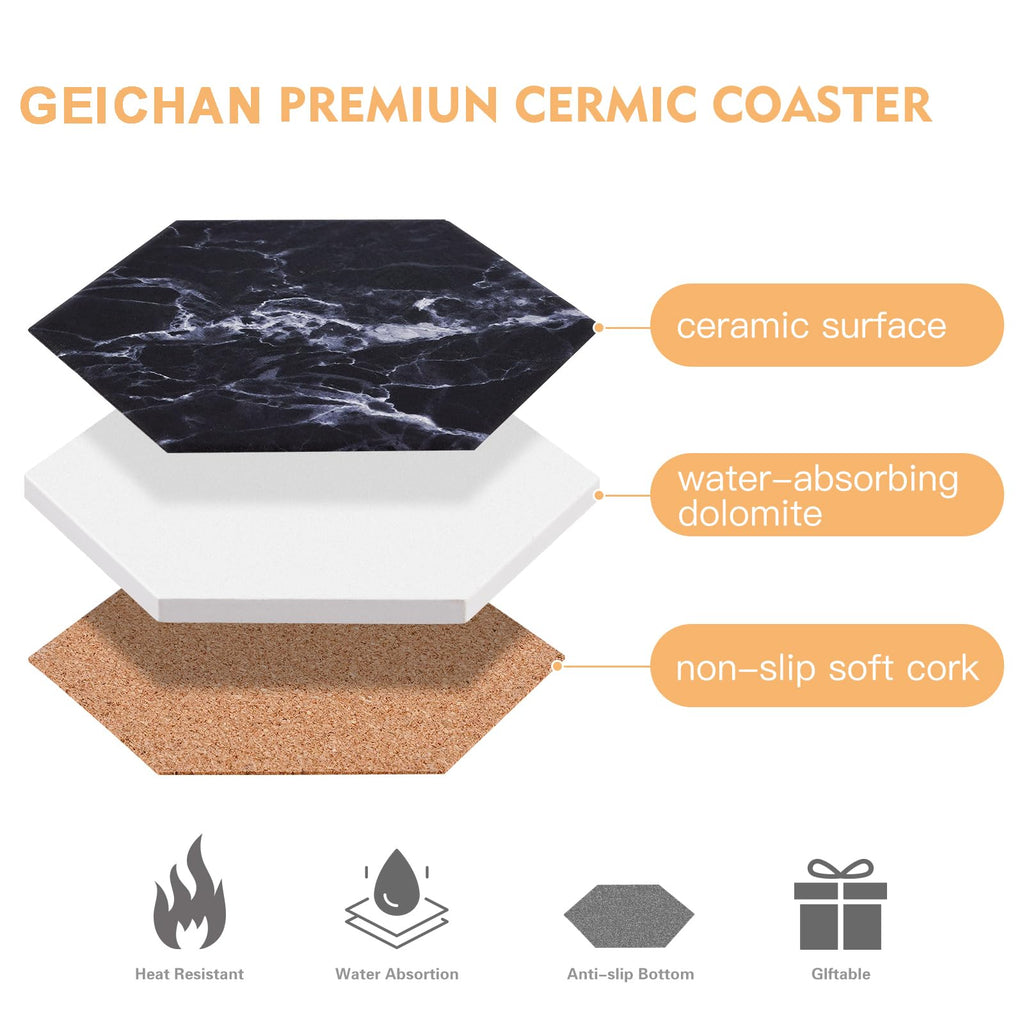 Black Coasters, Absorbent Coaster Set for Drinks Holder Marble Cork Costers