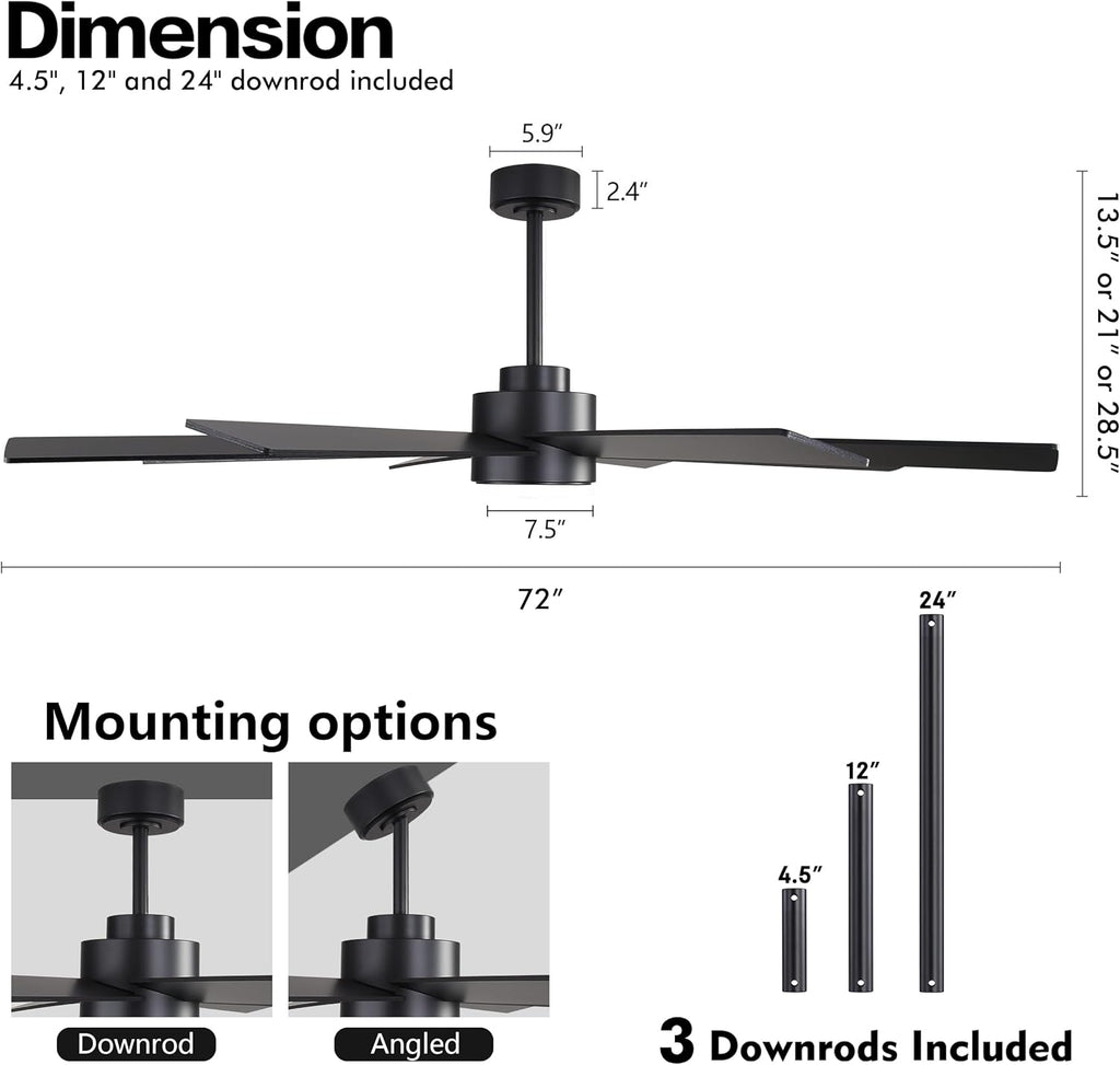 72" Large DC Ceiling Fans without Lights, 3 Downrods, 8 Plywood Blades, 6-Speeds Reversible DC Motor