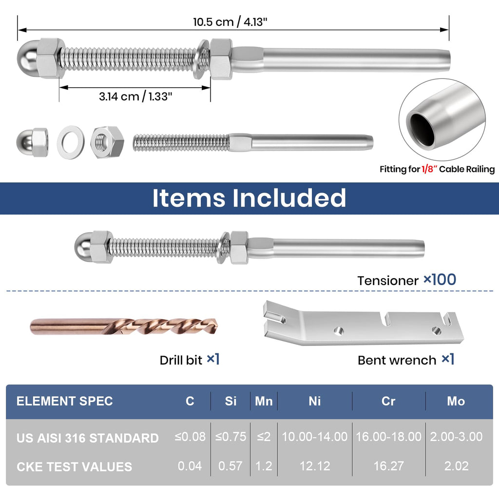 100 Pack 1/8" Cable Railing Hand Swage Threaded Stud Tensioner