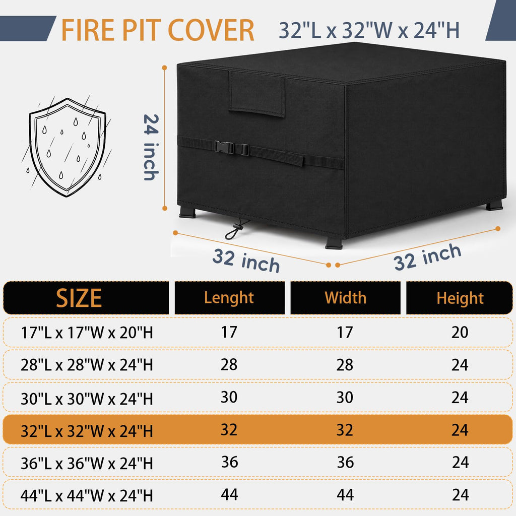Fire Pit Cover Square 32", 600D Oxford, Waterproof, Black