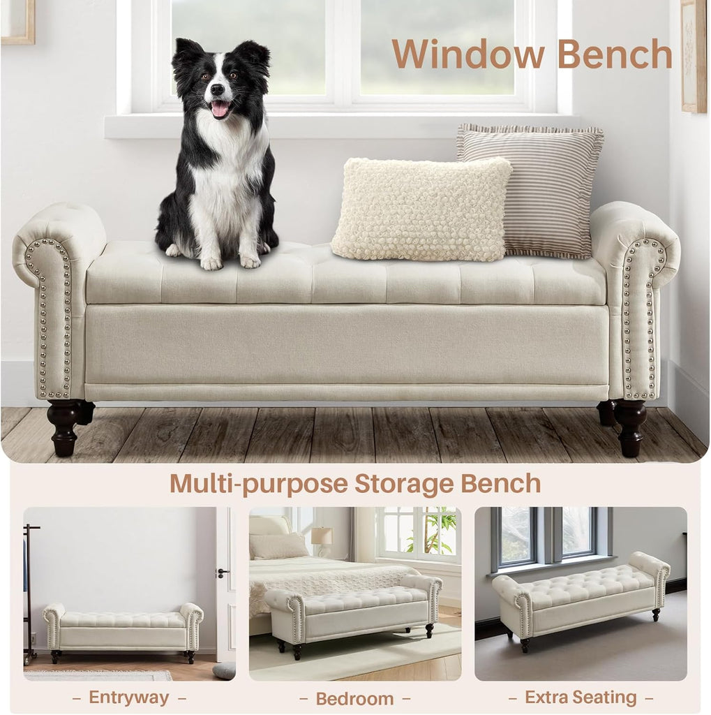 King Size 58'' End of Bed Storage Bench with Tufted Button & Rolled Arms | Linen Storage Ottoman Bed Benches Large