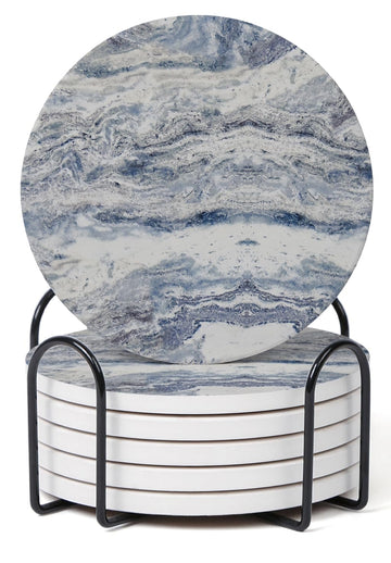 Set of 6 Navy Abstract Onyx Marble Coasters with Holder, Absorbent Ceramic Coasters for Drinks, Coasters with Cork
