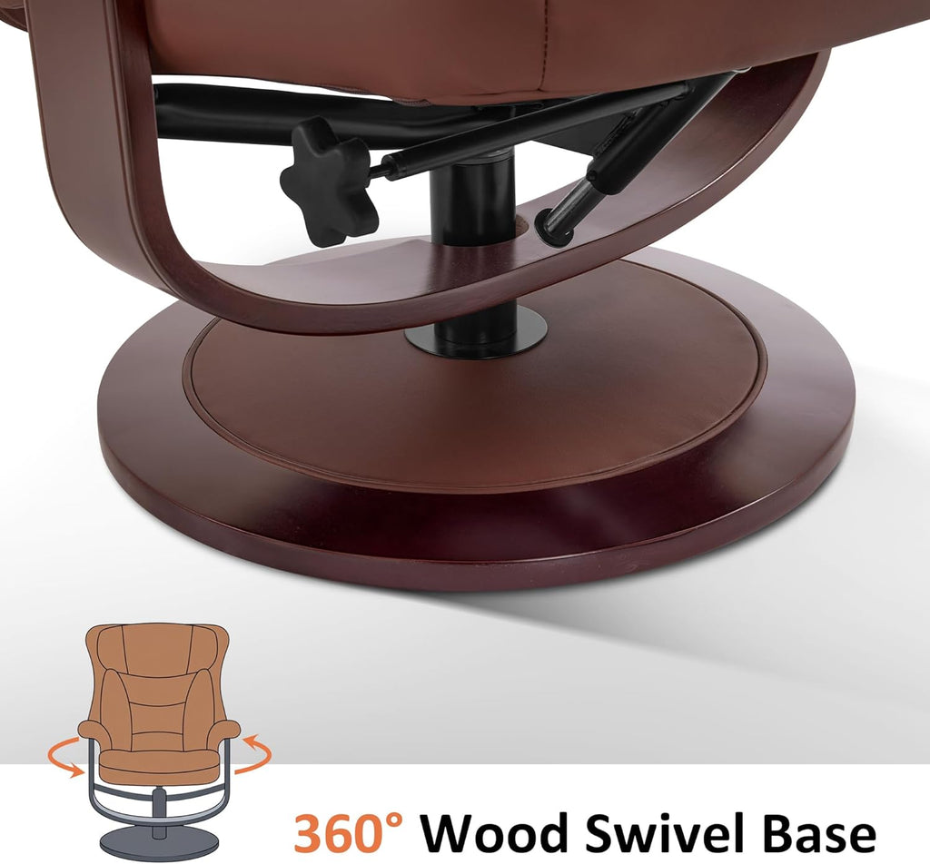 Modern Reclining Swivel Lounge Chair and Ottoman — Brown Faux Leather