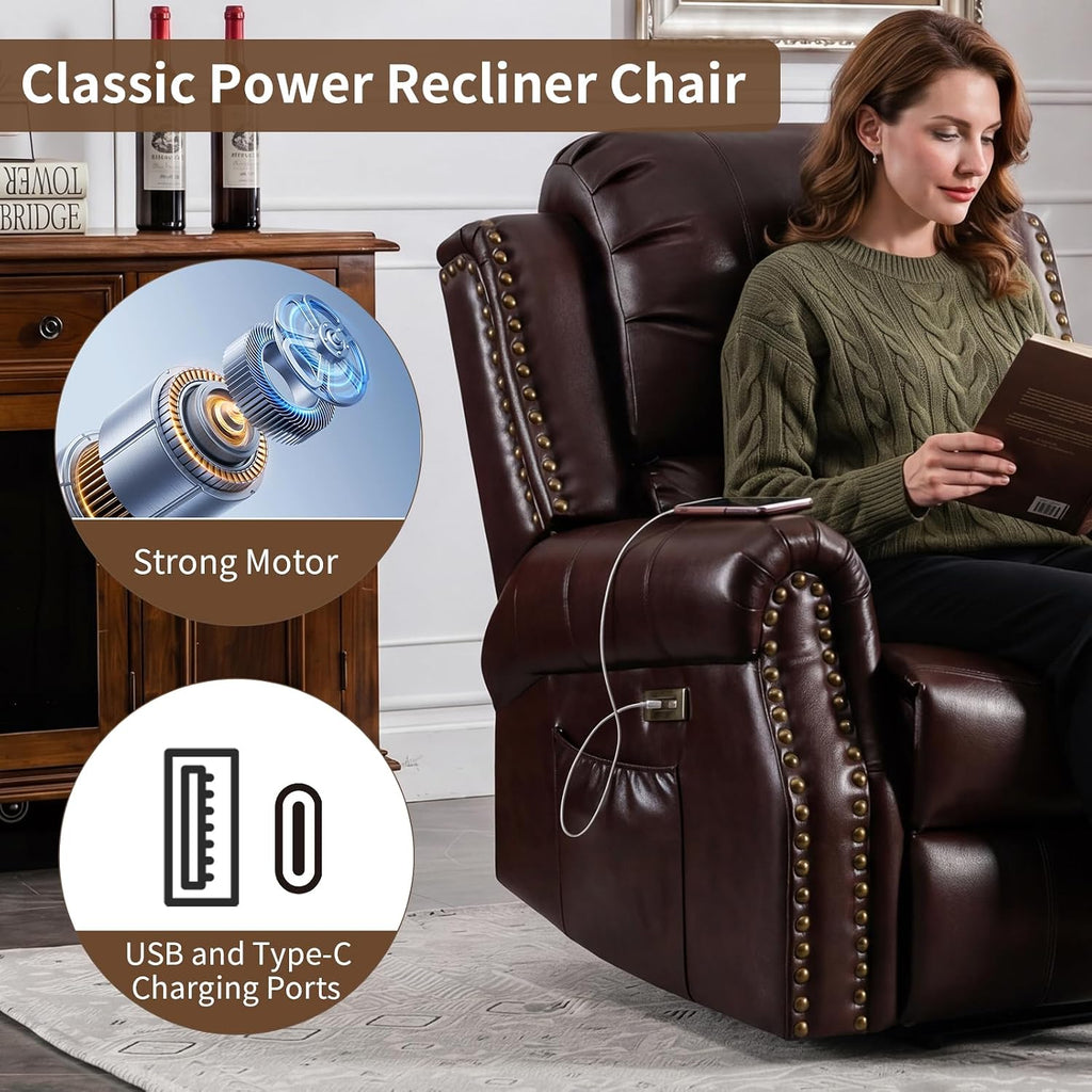 Classic Power Recliner Chair with Massage and Heat, Breathable Faux Leather Electric Recliner with USB&Type-C Ports