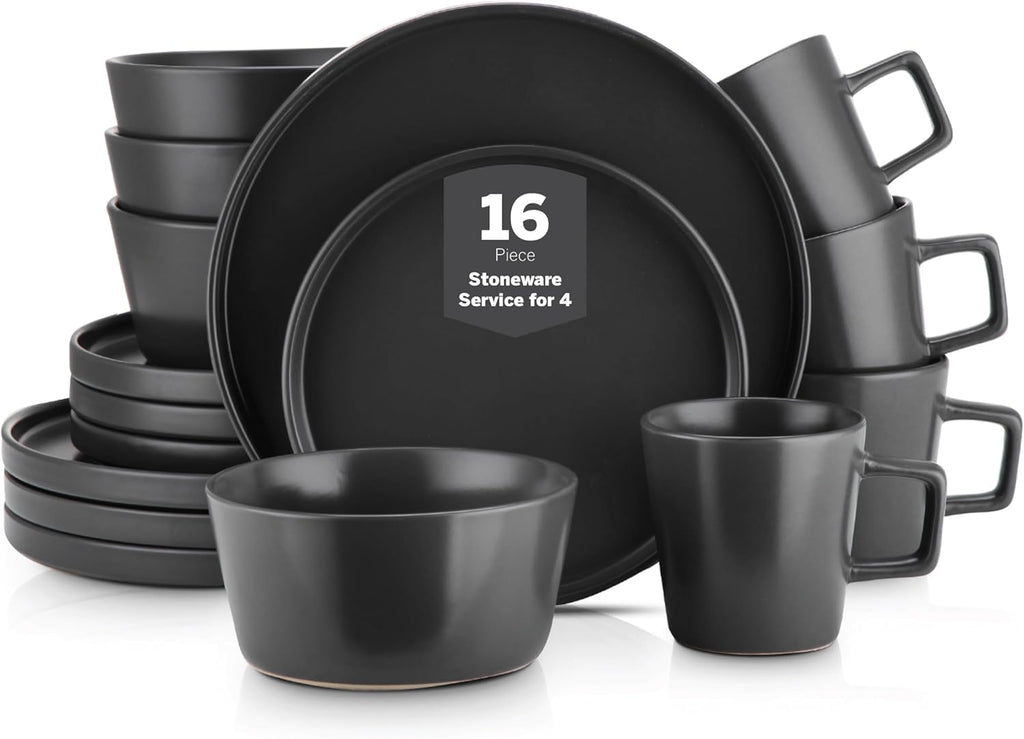 Celina Stoneware 16 Piece Modern Dinnerware Set, Plates and Bowls, Black Matte, Service for 4