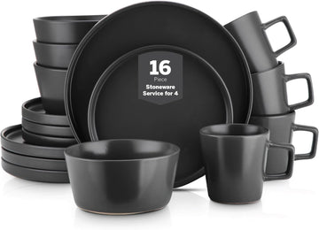 Celina Stoneware 16 Piece Modern Dinnerware Set, Plates and Bowls, Black Matte, Service for 4