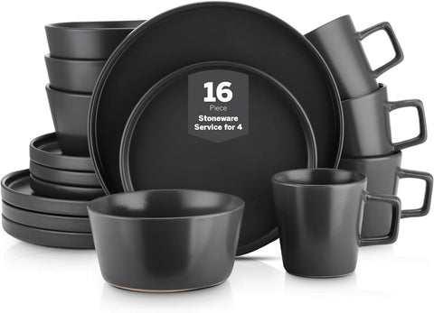 Celina Stoneware 16 Piece Modern Dinnerware Set, Plates and Bowls, Black Matte, Service for 4
