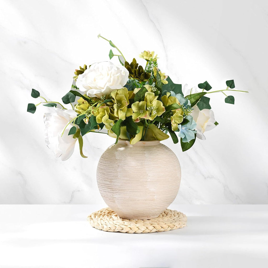 Rustic Farmhouse Vase Home Decor - 6 in Ceramic Boho Decorative Vase for Decor, Round Clay Whitewashed Terracotta