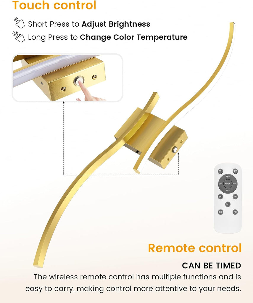 27.6 Inch Battery Operated Wall Sconce Set of 2, Gold Modern Rechargeable Wall Lights with Remote, 3CCT Dimmable