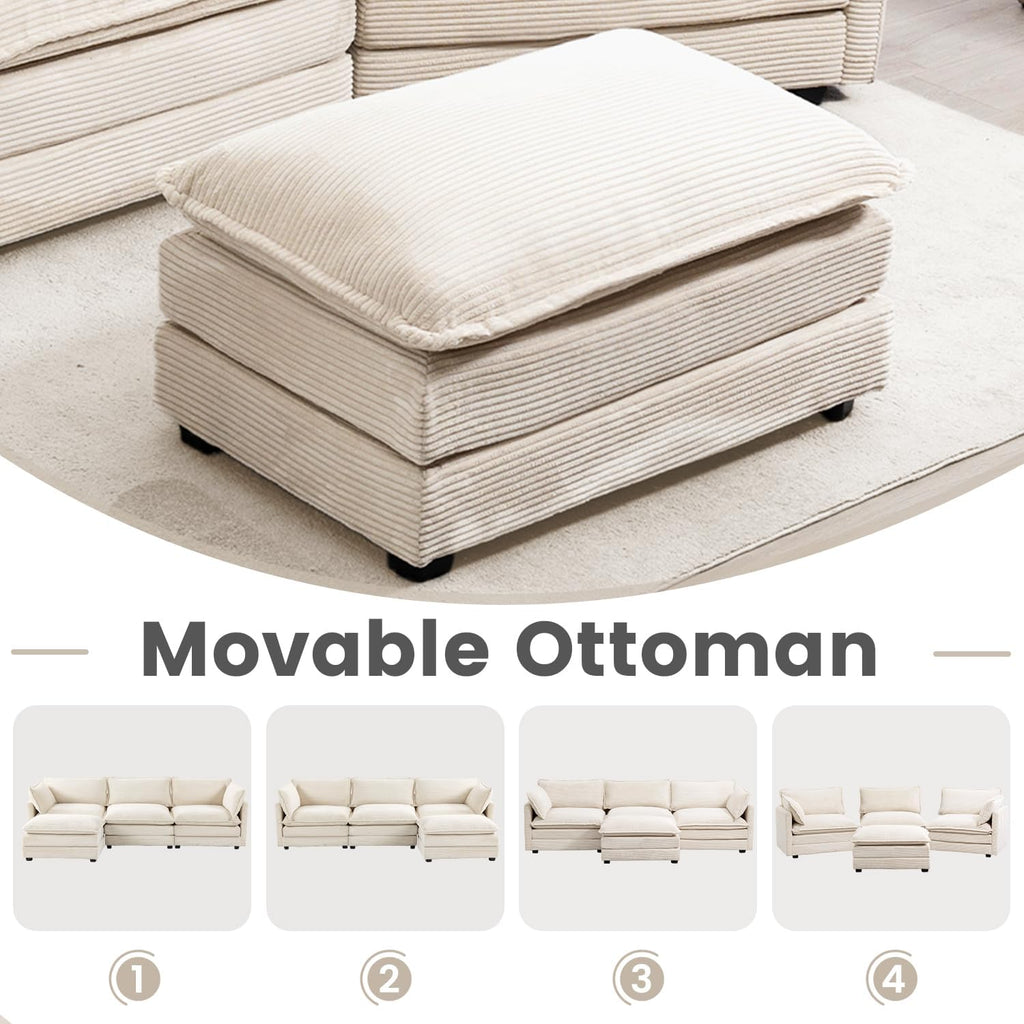 Oversized Modular Sectional Sofa with Movable Ottoman, 112 Inch 4 Seat Modern Corduroy Sofa Set