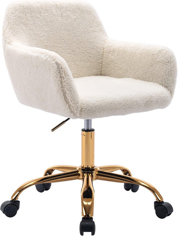 Faux Fur Office Desk Chair, Comfy Swivel Armchair with Wheels, Upholstered Fuzzy Vanity Chair, Adjustable Height, White