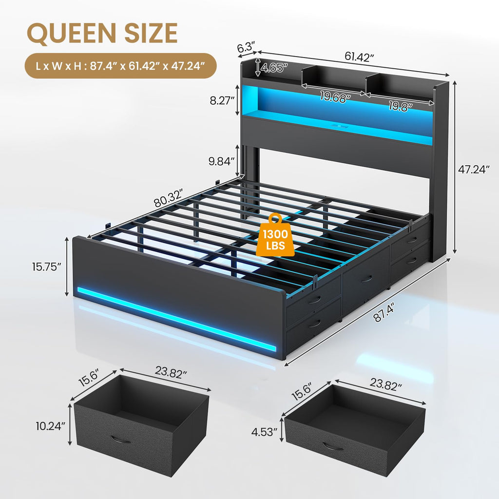 Queen Bed Frame with Storage Headboard & 5 Drawers, LED Bed Frame Queen Size with Charging Station, Wooden Platform