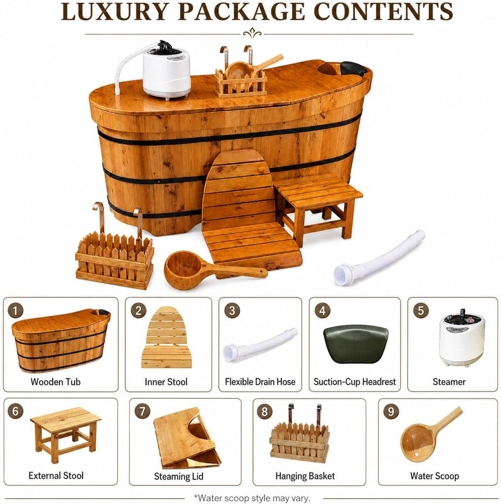 47" Cedar Wood Japanese Soaking Tub - Adult Wooden Bathtub with Steam Package & Accessories