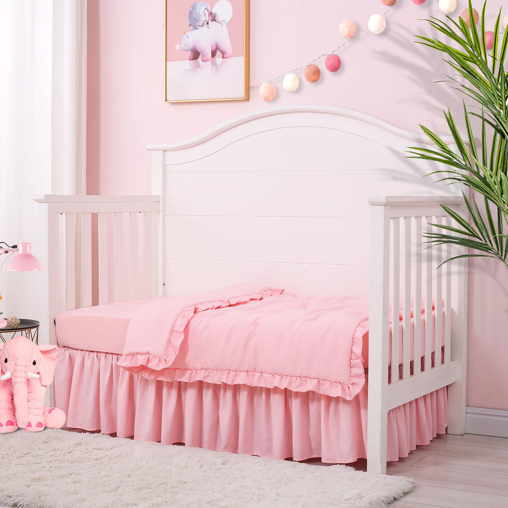 3 Pieces Crib Bedding Set for Girls,Pink Solid Ruffle