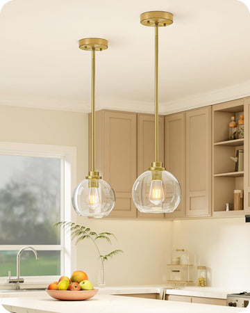 Pendant Light Fixtures 2 Pack with Clear Glass Globe Shade, Gold Kitchen Hanging Lighting Over Island, Hardwired