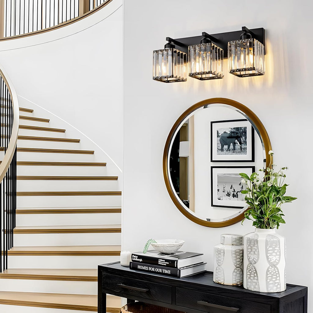 Black Bathroom Vanity Light 3 Lights, Crystal Bathroom Wall Light Fixtures Modern Vanity Light Over Mirror (Exclude