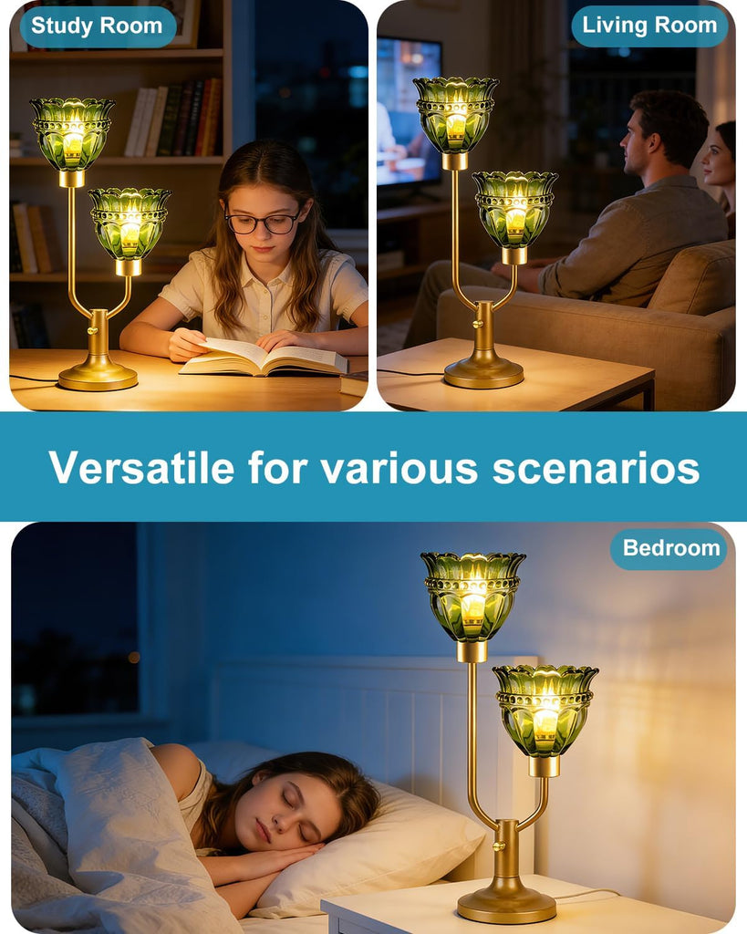 Mid Century Modern Glass Green Table Lamp 2-Light Gold Dimmable Desk Lamps with Crown Glass Shade & 3000K Warmwhite