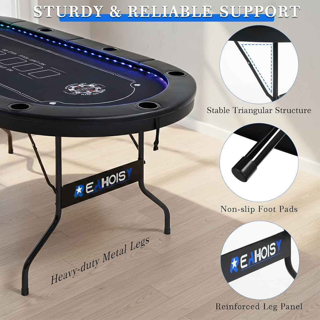 LED Poker Table for 10 Players, 84" Oval Foldable Texas Holdem Casino Table with Tri-Color LED Lights, Board Game