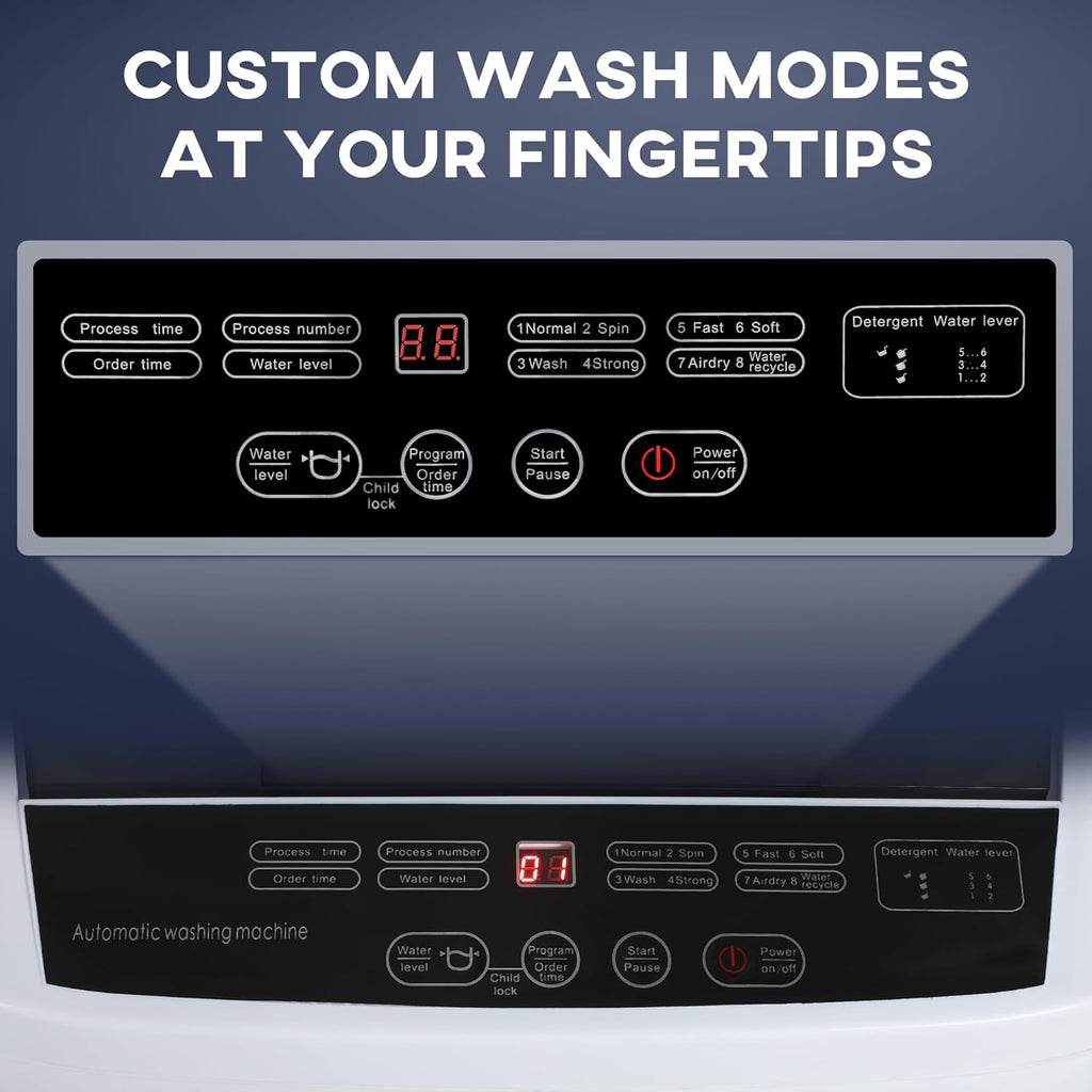 Portable Washing Machine, 1.3 Cu. Ft. Compact Washer with 8 Programs, 6 Water Levels, LED Display, Child Lock, Drain